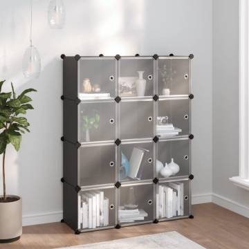 Storage Cube Organiser with 12 Cubes & Doors - Black PP