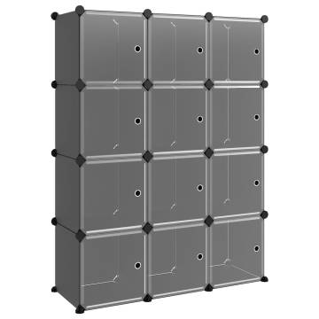 Storage Cube Organiser with 12 Cubes & Doors - Black PP