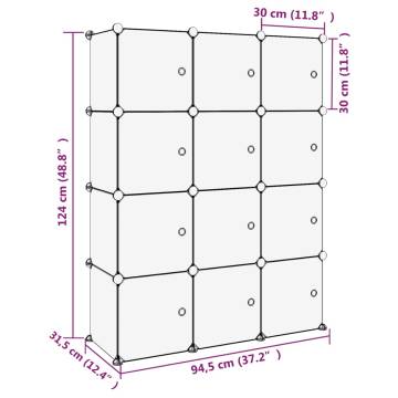 Storage Cube Organiser with 12 Cubes & Doors - Black PP