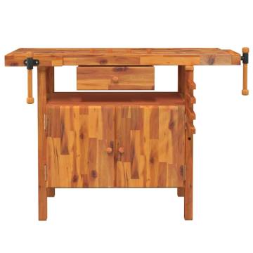 Solid Wood Acacia Workbench with Drawer & Vices - 124x52 cm
