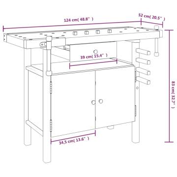 Solid Wood Acacia Workbench with Drawer & Vices - 124x52 cm