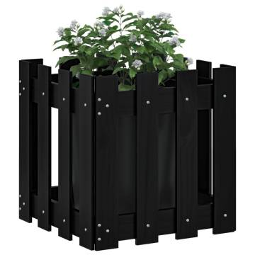 Black Garden Planter with Fence Design - Solid Pine Wood 40x40cm