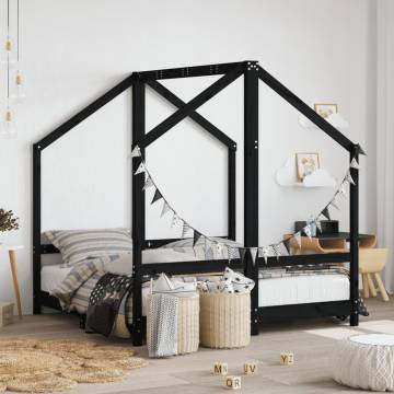 Kids Bed Frame Black - Solid Pine Wood, 70x140 cm