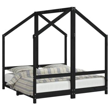 Kids Bed Frame Black - Solid Pine Wood, 70x140 cm