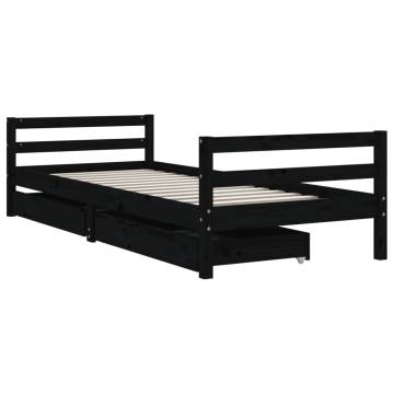 Kids Bed Frame with Drawers - Black Solid Pine 90x190 cm