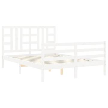 White Double Bed Frame with Headboard - Solid Pinewood