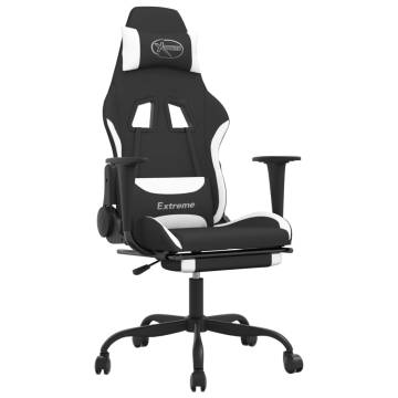 Swivel Gaming Chair with Footrest - Black & White Fabric