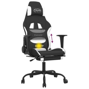 Swivel Gaming Chair with Footrest - Black & White Fabric