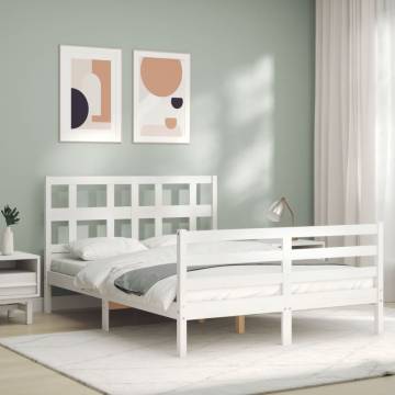 Stylish White Bed Frame with Headboard - 140x200 cm Solid Wood