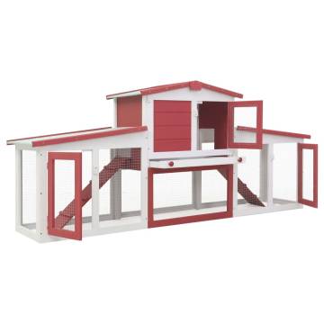 Outdoor Large Rabbit Hutch | Red & White 204x45x85 cm Wood