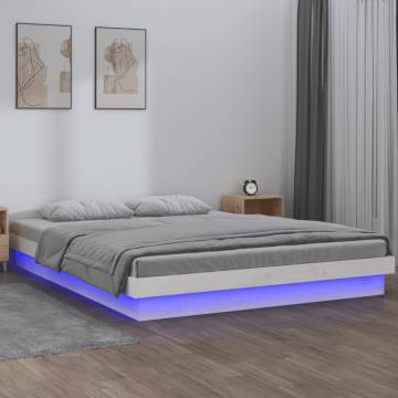 LED Bed Frame White 135x190 cm Double - Solid Pine Wood