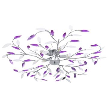 Purple Ceiling Lamp with Crystal Leaf Arms for 5 E14 Bulbs