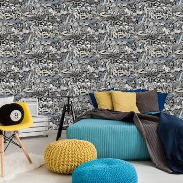 Noordwand Good Vibes Graffiti Wallpaper - Grey and Blue