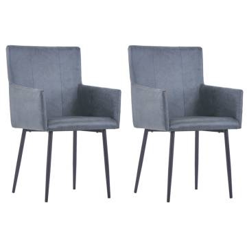 Stylish Grey Faux Suede Dining Chairs with Armrests - 2 pcs