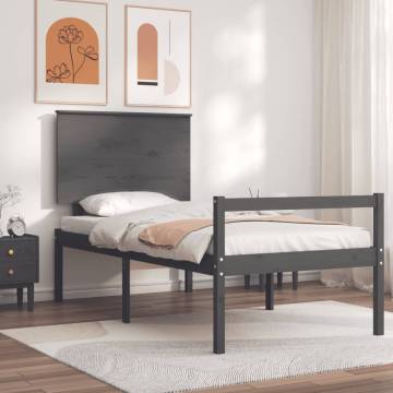 Grey Bed Frame with Headboard 100x200 cm - Solid Wood