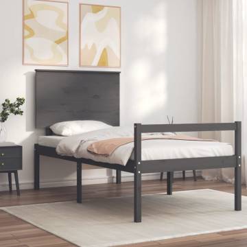 Grey Bed Frame with Headboard 100x200 cm - Solid Wood