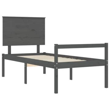 Grey Bed Frame with Headboard 100x200 cm - Solid Wood