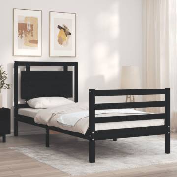 Black Bed Frame with Headboard - 100x200 cm Solid Wood