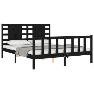 Black Bed Frame with Headboard 160x200 cm - Solid Wood