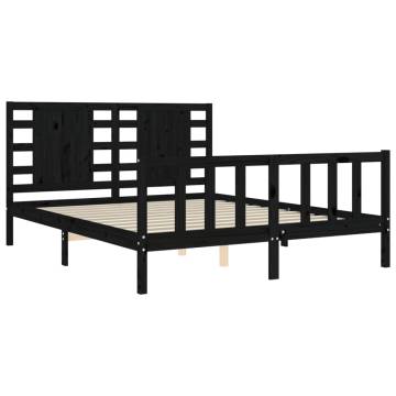 Black Bed Frame with Headboard 160x200 cm - Solid Wood