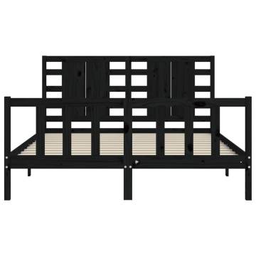 Black Bed Frame with Headboard 160x200 cm - Solid Wood