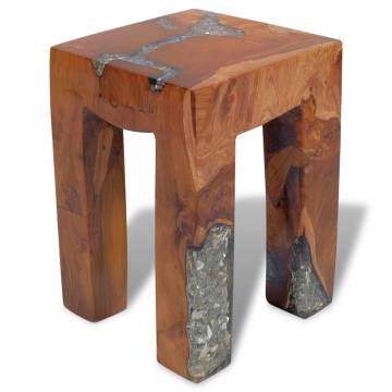 Handmade Solid Teak Wood & Resin Stool - Unique Rustic Design