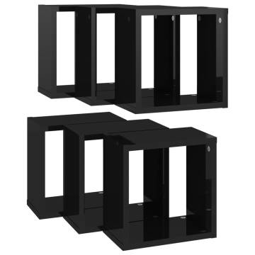 Wall Cube Shelves Set - High Gloss Black - 6 pcs | HipoMarket