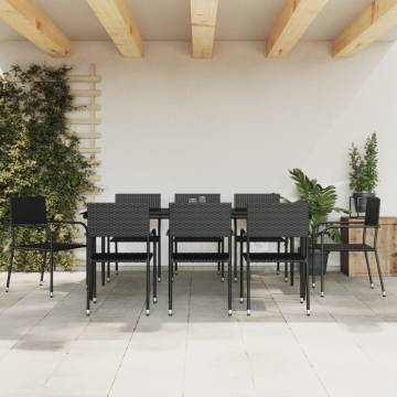 9 Piece Garden Dining Set - Black Poly Rattan & Steel