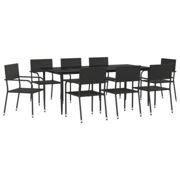 9 Piece Garden Dining Set - Black Poly Rattan & Steel