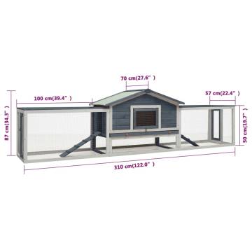 Rabbit Hutch Grey 310x70x87 cm | Solid Pine & Fir Wood