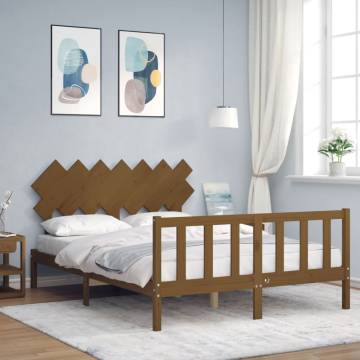 Honey Brown King Size Bed Frame with Headboard - Solid Wood