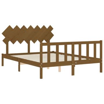 Honey Brown King Size Bed Frame with Headboard - Solid Wood