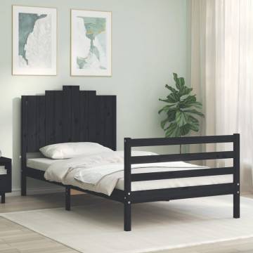 Black Bed Frame with Headboard - Solid Wood 100x200 cm