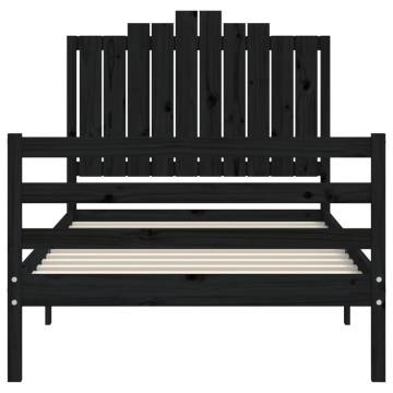 Black Bed Frame with Headboard - Solid Wood 100x200 cm