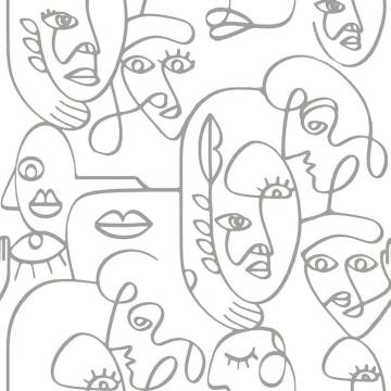 Noordwand Wallpaper: Friends & Coffee Line Art Faces - White & Metalli