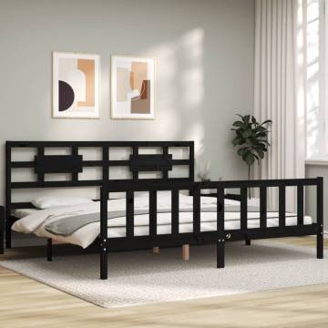 Black Bed Frame with Headboard - 200x200 cm Solid Pine Wood