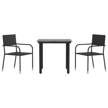 3 Piece Garden Dining Set - Black Poly Rattan & Steel