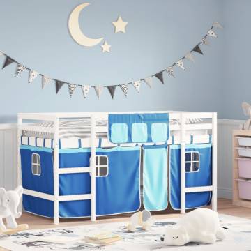 Kids' Loft Bed with Blue Curtains - Solid Pine 90x190cm