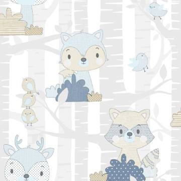 Noordwand Wallpaper Mondo Baby Forest Animals - White & Blue