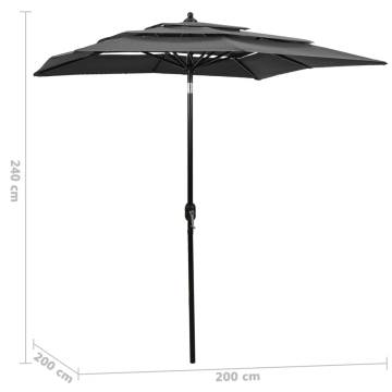 3-Tier Anthracite Parasol with Aluminium Pole - 2x2 m