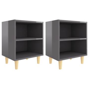 High Gloss Grey Bed Cabinets with Solid Wood Legs - 2 pcs