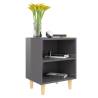 High Gloss Grey Bed Cabinets with Solid Wood Legs - 2 pcs