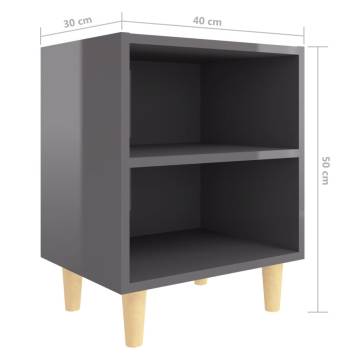 High Gloss Grey Bed Cabinets with Solid Wood Legs - 2 pcs