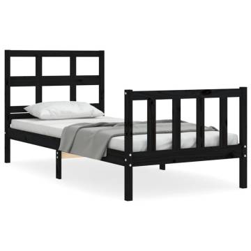 Black Single Bed Frame with Headboard - Solid Pine Wood