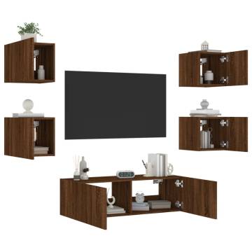 5 Piece TV Wall Cabinets with LED Lights - Brown Oak