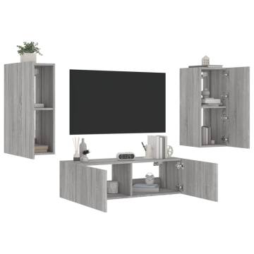 3 Piece TV Wall Cabinets with LED Lights - Grey Sonoma