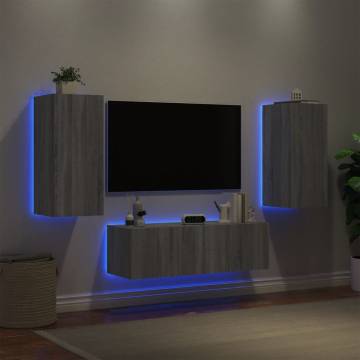 3 Piece TV Wall Cabinets with LED Lights - Grey Sonoma