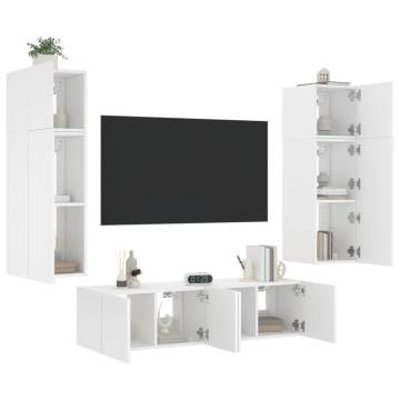 6 Piece LED TV Wall Units - White Engineered Wood Design