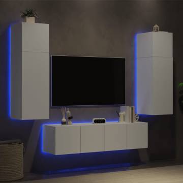 6 Piece LED TV Wall Units - White Engineered Wood Design