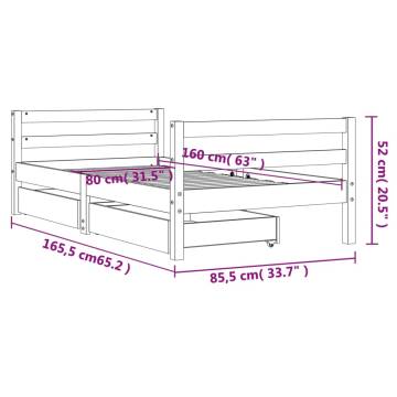 Kids Bed Frame with Drawers White 80x160 cm - Solid Pine Wood